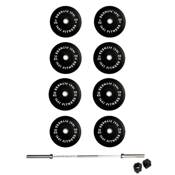 Combo 1441 Fitness 7 Ft Olympic Bar with Rubber Bumper Plates - 80 KG Set