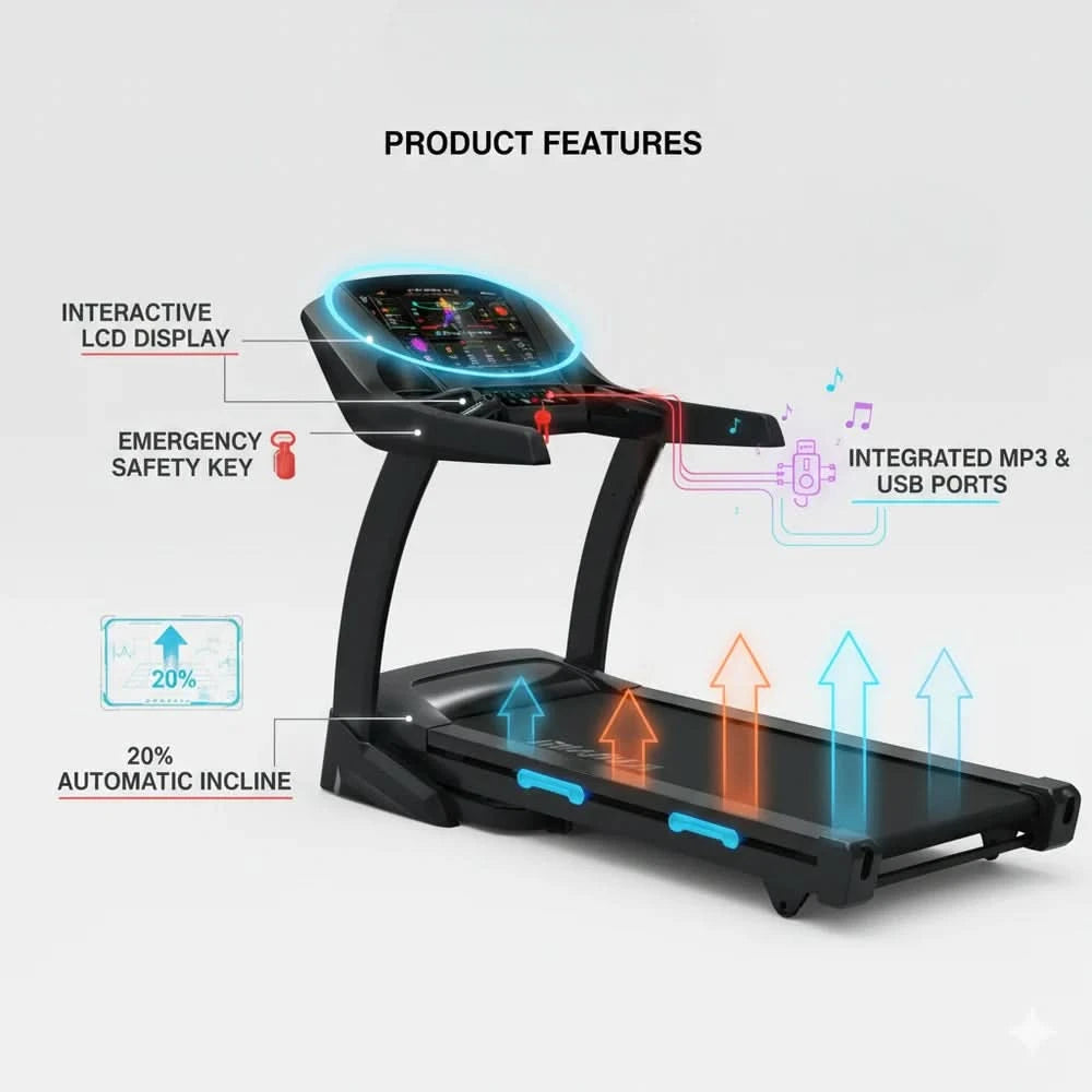 Marshal Fitness 8HP Treadmill with 10.1" TV – 20% Auto Incline | DC or AC Motor