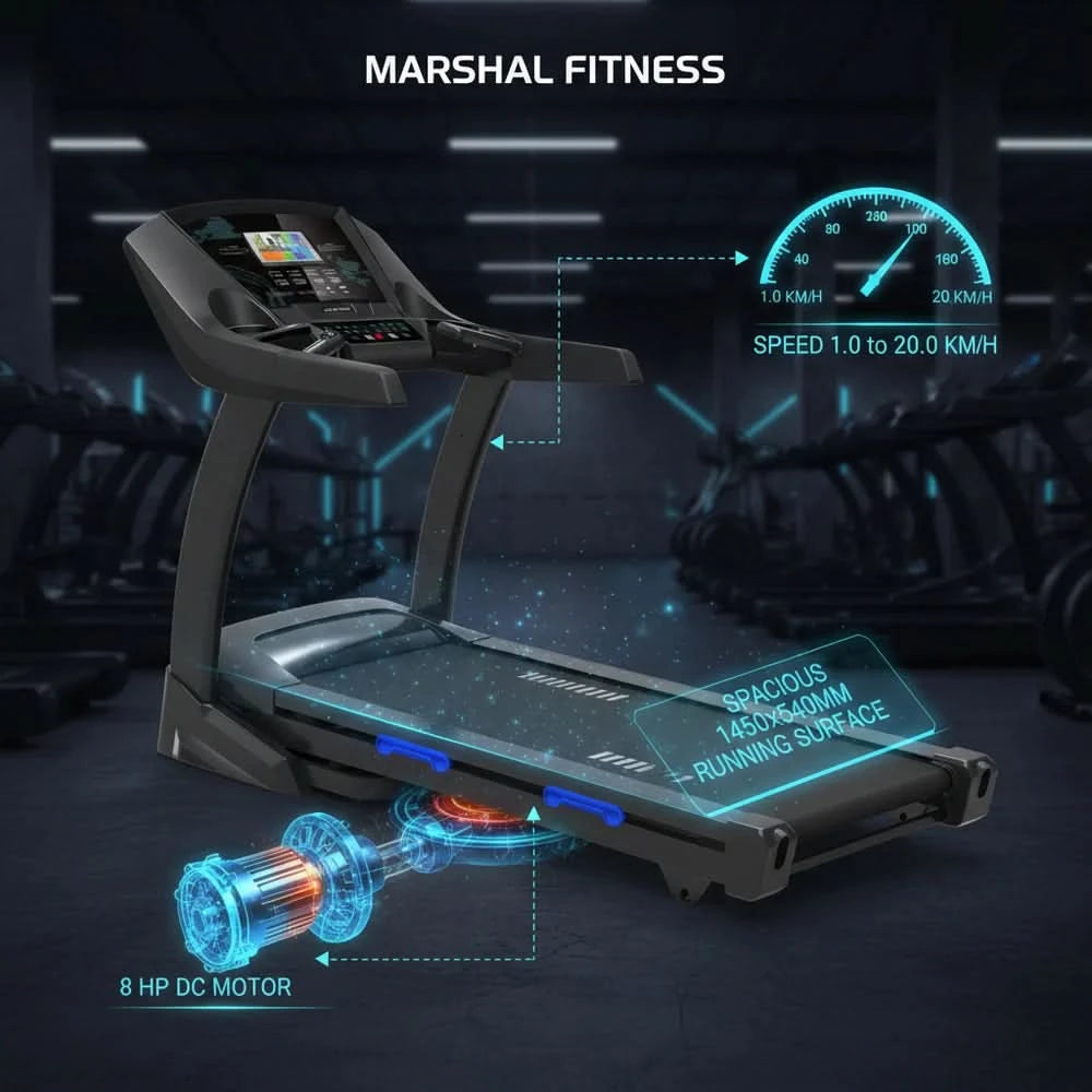 Marshal Fitness 8HP Treadmill with 10.1" TV – 20% Auto Incline | DC or AC Motor
