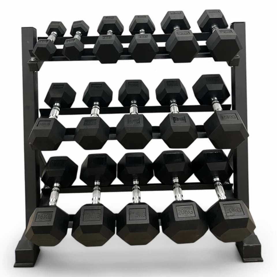 Level Fitness 2.5Kg to 20Kg Dumbbell Sets with 3 Tier Dumbbells Rack | 8 Pairs of Dumbbells