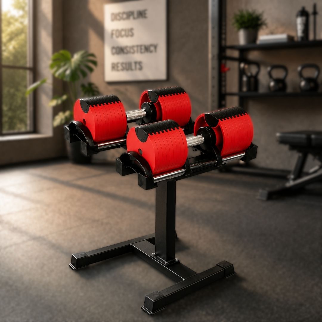 Leom Fitness Adjustable Dumbbells, 2kg to 32kg, Pair (Red)