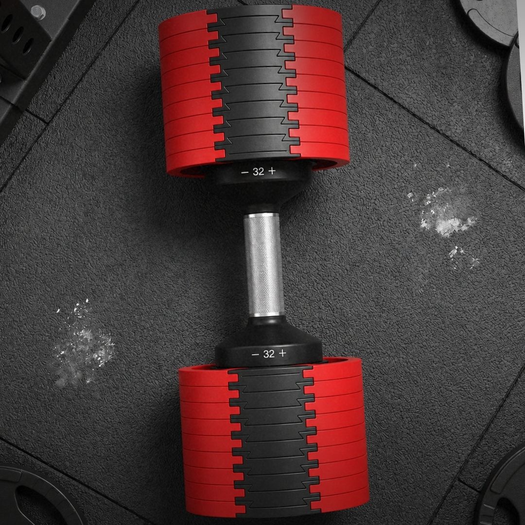 Leom Fitness Adjustable Dumbbells, 2kg to 32kg, Pair (Red)
