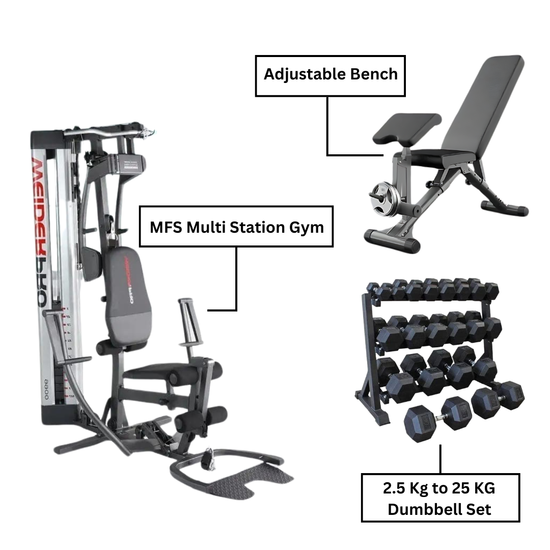 Combo | MFS Multi Station Gym with 2.5 Kg to 25 KG Dumbbell Set & Adjustable Bench