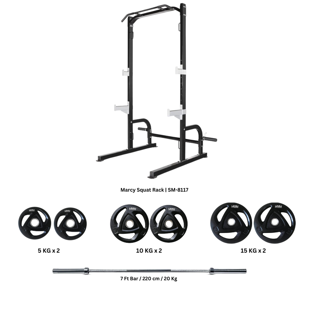 Combo Marcy Squat Rack SM 8117 with 7 ft Bar 80 Kg Tri Grip Plates