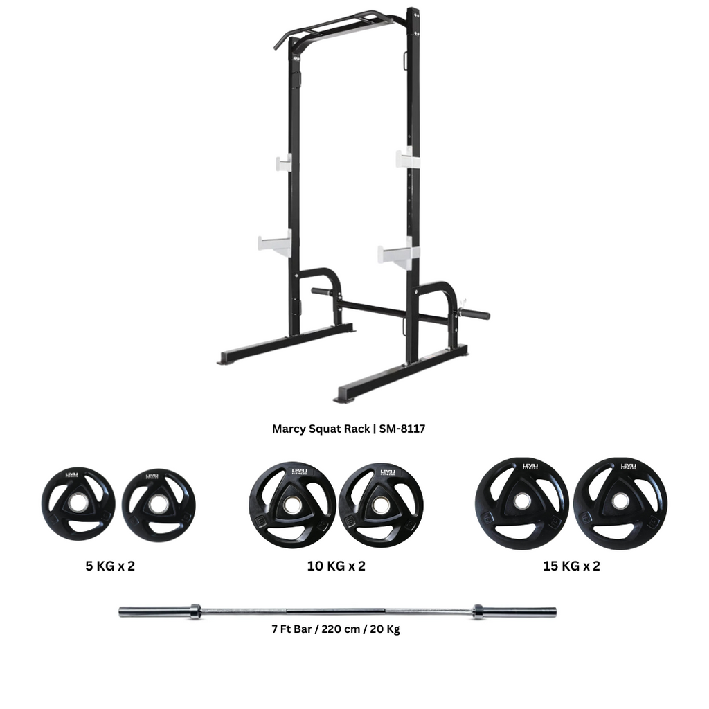 Combo Marcy Squat Rack SM 8117 with 7 ft Bar 80 Kg Tri Grip Plates Set