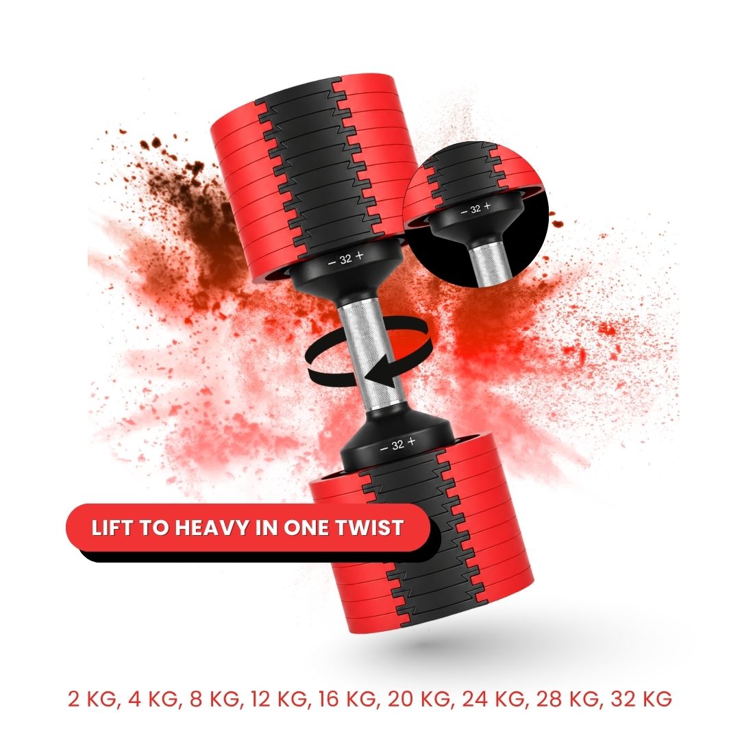 Leom Fitness Adjustable Dumbbells, 2kg to 32kg, Pair (Red)