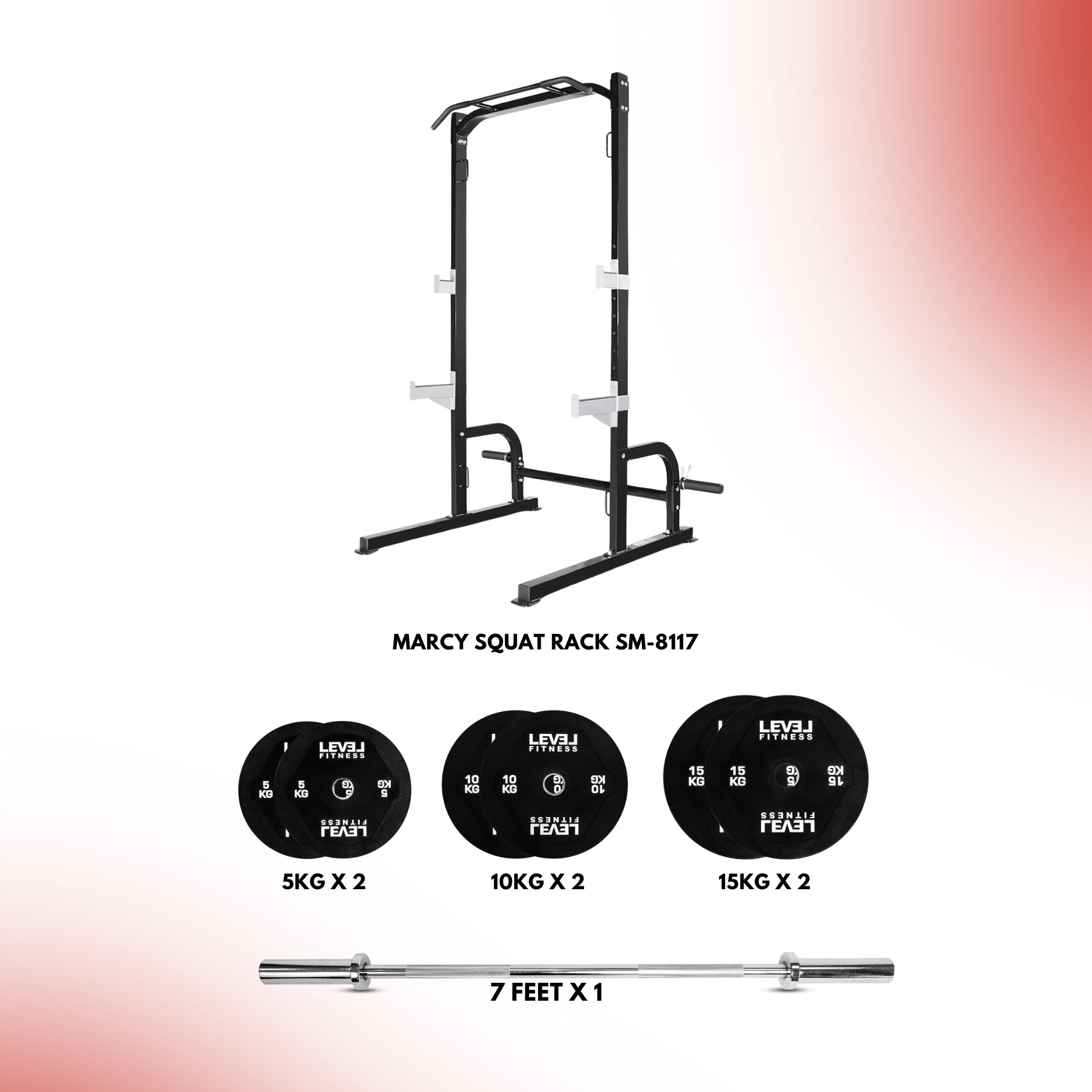 Combo | Marcy Squat Rack SM-8117 with 7 ft Bar & 80 Kg Plates Set Black Bumper Plate (80KG)