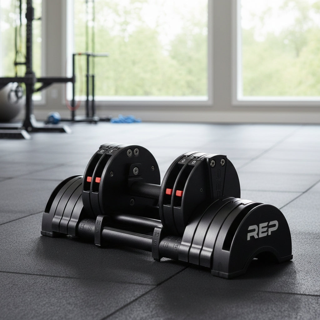 REP Fitness Adjustable Dumbbell Stand with QuickDraw Adjustable Dumbbells - Pair