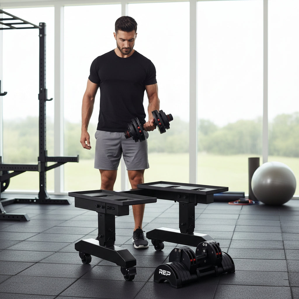 REP Fitness Adjustable Dumbbell Stand with QuickDraw Adjustable Dumbbells - Pair