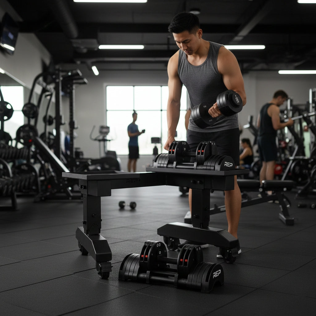 REP Fitness Adjustable Dumbbell Stand with QuickDraw Adjustable Dumbbells - Pair