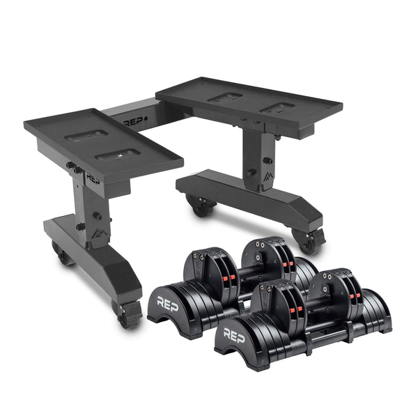 REP Fitness Adjustable Dumbbell Stand with QuickDraw Adjustable Dumbbells - Pair 15 KG
