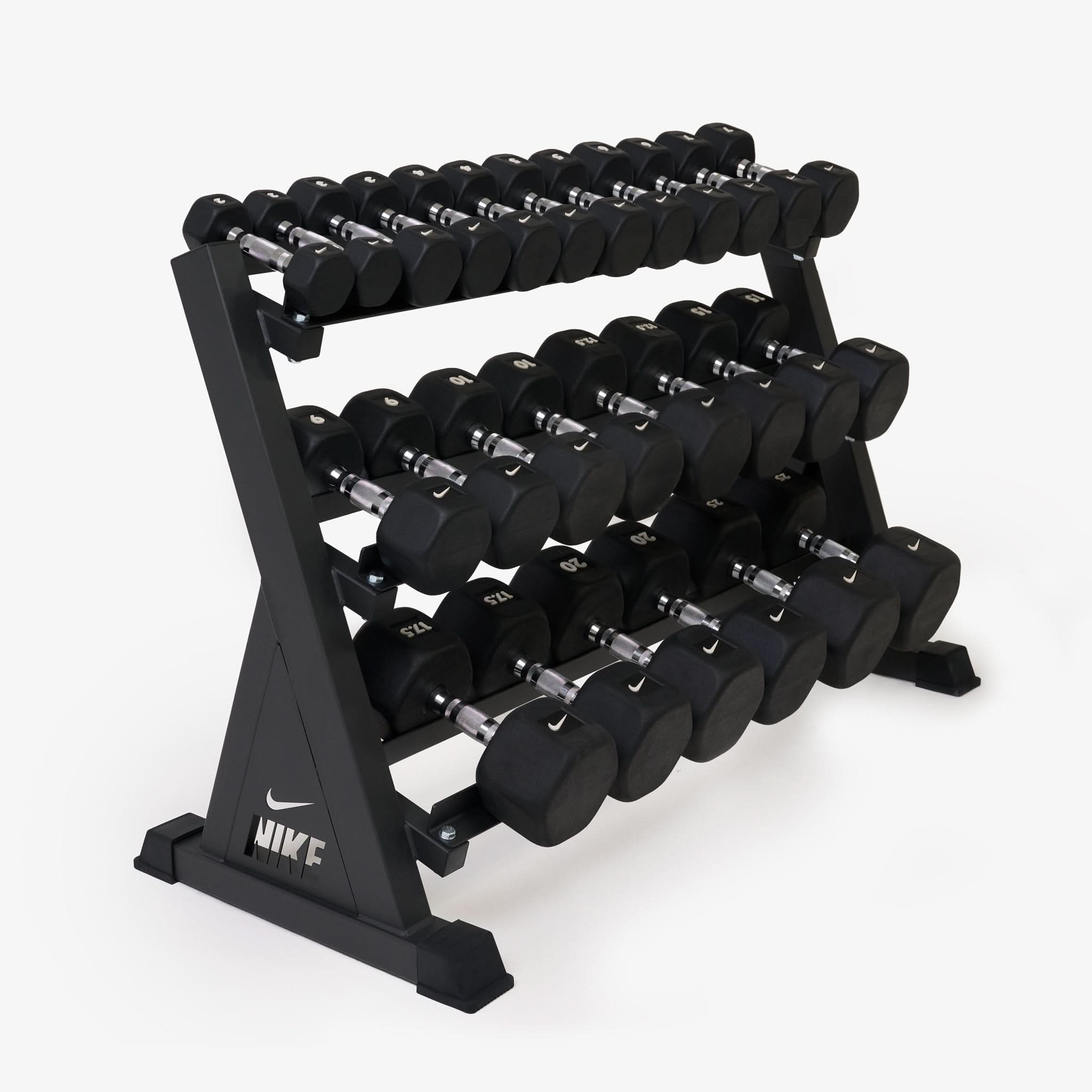 Nike Dumbbell Set with 3 Tier Rack (Multiple Weight Options Available) Nike Dumbbells (10 Pair)