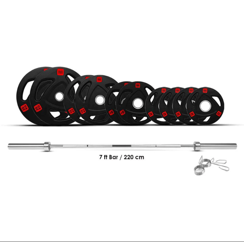 Combo 1441 Fitness 7 Ft Olympic Barbell With Black Dual Grip Plates Set | 100 Kg