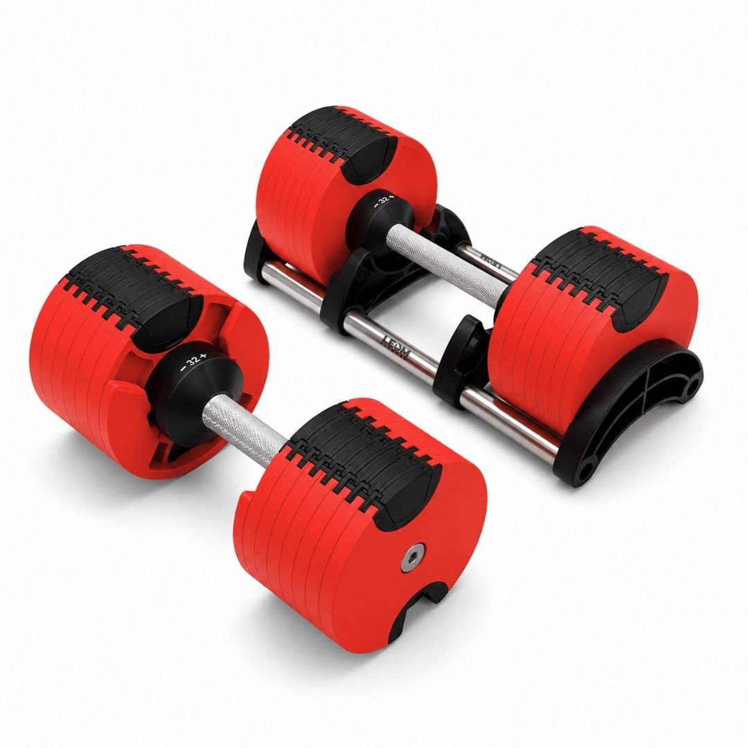 Leom Fitness Adjustable Dumbbells, 2kg to 32kg, Pair (Red)