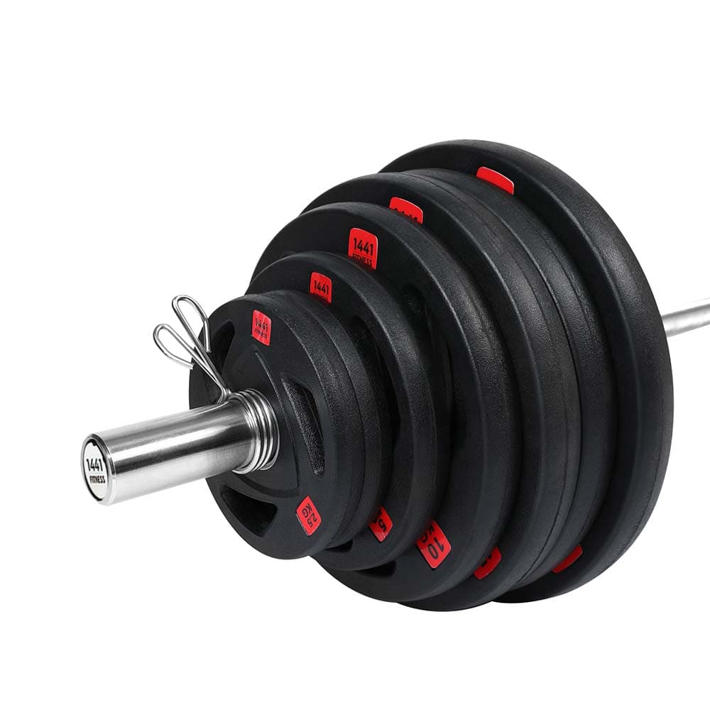 Combo 1441 Fitness 7 Ft Olympic Barbell with Black Olympic Plates Set | 120 kg - Athletix.ae