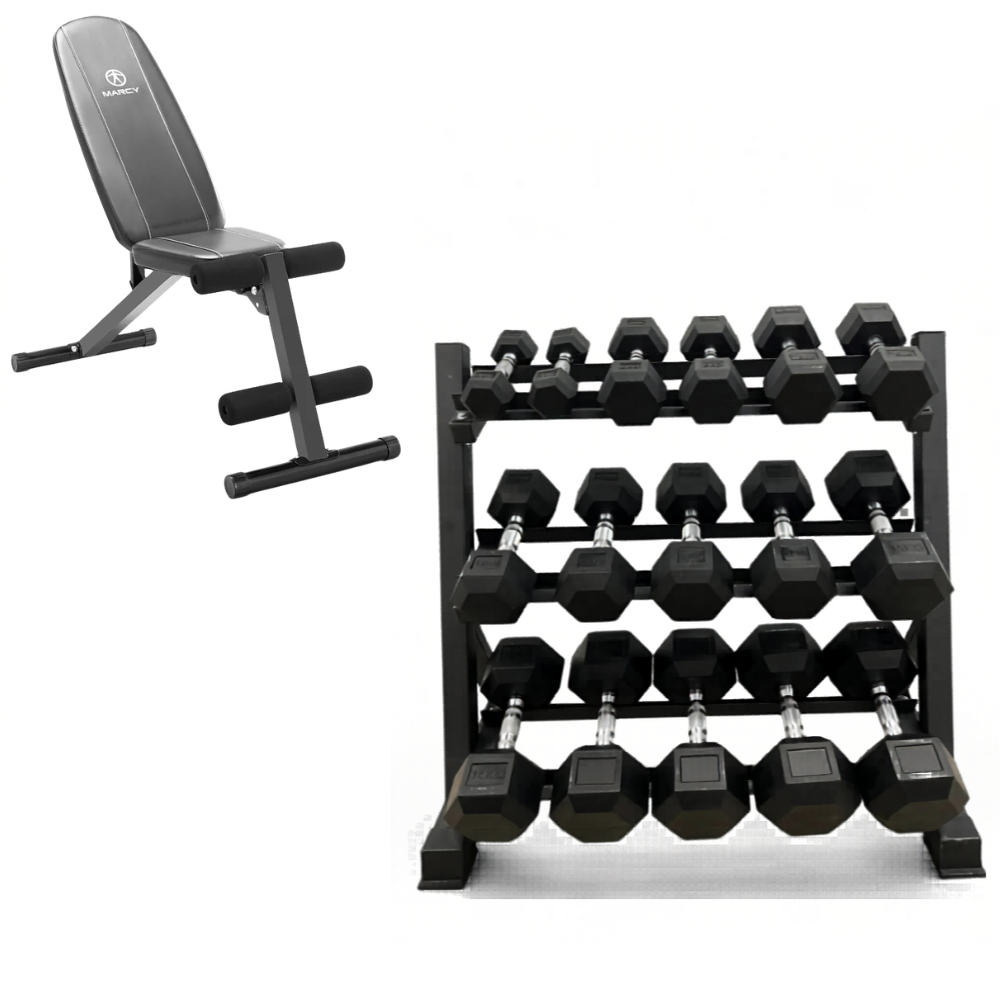 Level Fitness 2.5Kg to 20Kg Dumbbell Sets with 3 Tier Dumbbells Rack | 8 Pairs of Dumbbells 3 Tier Rack Combo Set With Bench