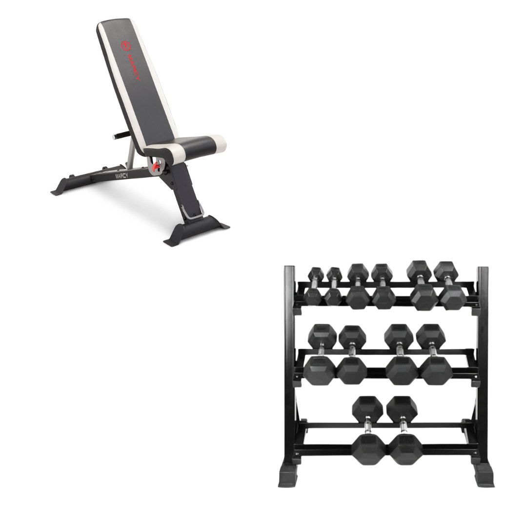 Combo | Level Fitness Hex Dumbbell Set 2.5 Kg to 15 Kg with Dumbbell Rack + Marcy FID Bench SB-670