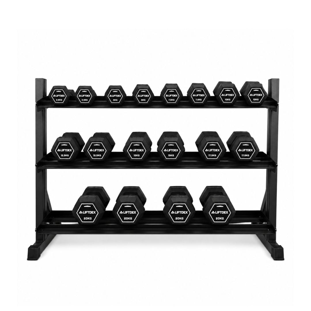 Liftdex Rubber Coated Dumbbell Set (2.5kg–20kg) with Level Fitness 3 Tier Dumbbell Rack