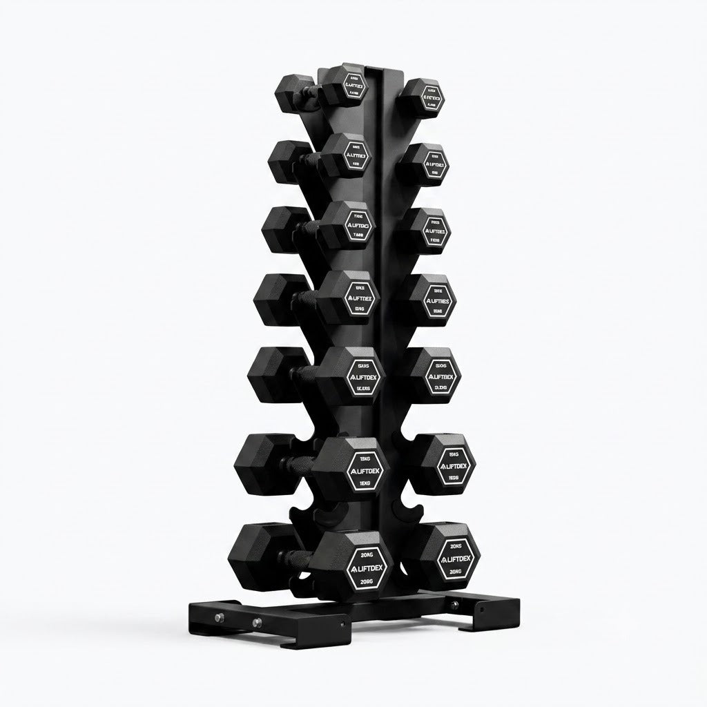 Liftdex Rubber Coated Dumbbell Combo Set (2.5kg–20kg) with Level Fitness 8 Pair Vertical Dumbbell Rack