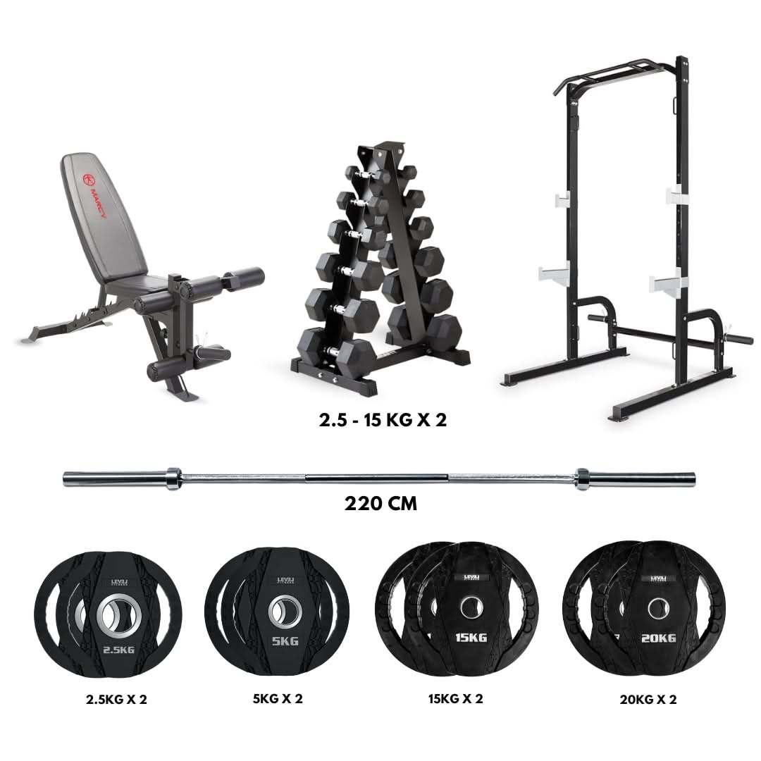 Garage Pro Home Gym Package | Squat Rack, 145 Kg Barbell Set, Dumbbells & Bench