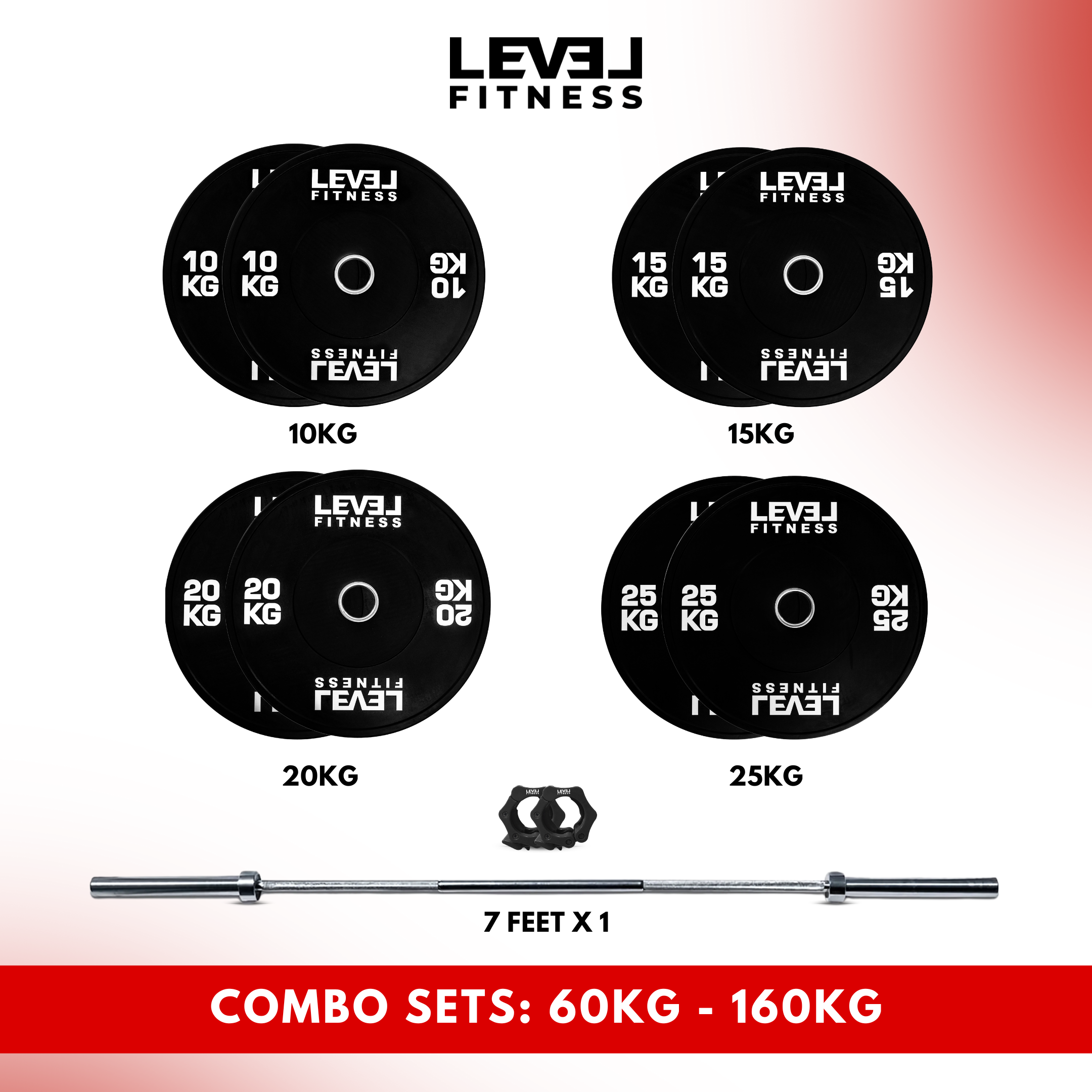 Combo 60Kg - 160Kg Sets | Level Fitness Black Olympic Plates Sets with 7 ft Olympic Barbell