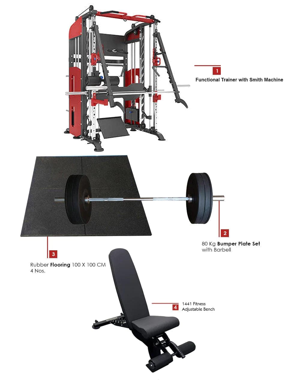 Combo Deal | 1441 Fitness Heavy Duty Functional Trainer with Smith Machine-41FC90 + 80kg Bumper Plate Set + Adjustable Bench A8007 + 4 Gym Tile - Athletix.ae