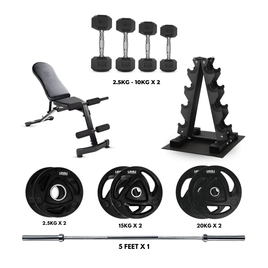 Complete Home Gym Package | 85 Kg Barbell Set, 50 Kg Dumbbells, Rack & Adjustable Bench