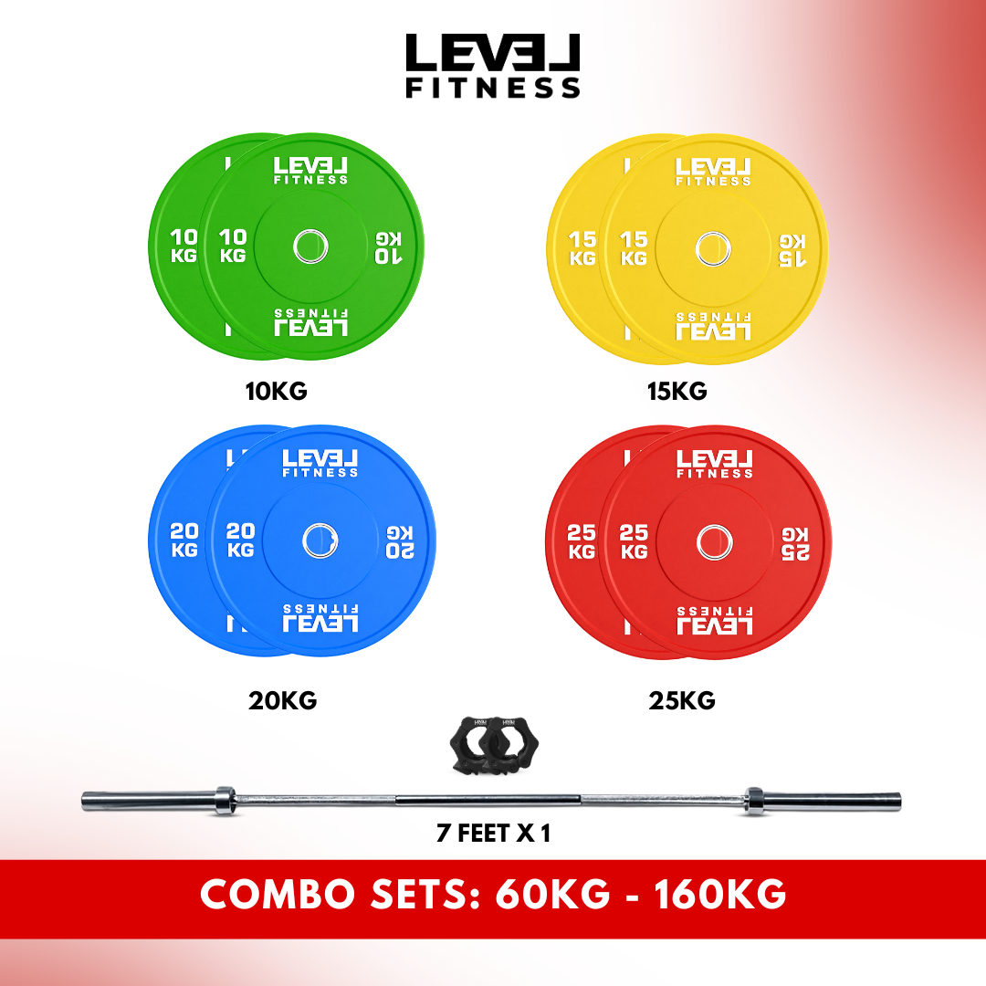 Combo 60Kg - 160Kg Sets | Level Fitness Color Olympic Plates with 7 ft Olympic Barbell