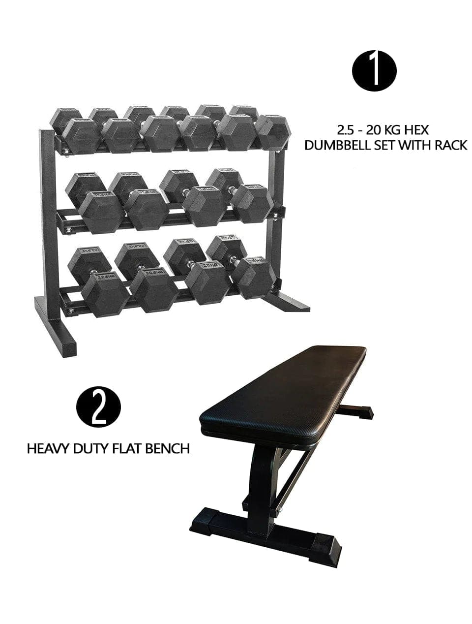 Combo Offer-Hex Dumbbell Set 2.5 Kg to 20 Kg with 3 Tier Dumbbell Rack and Flat Bench - Athletix.ae