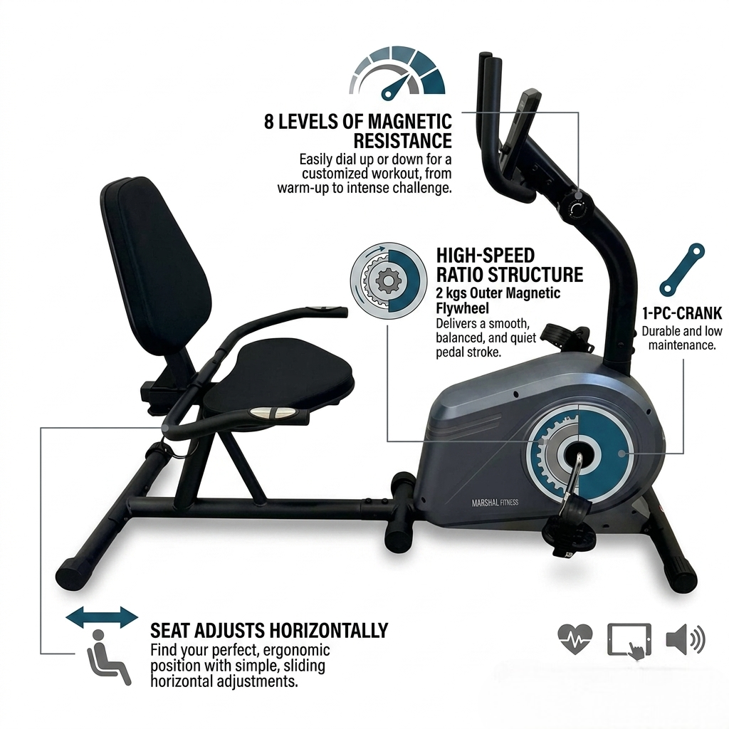 MF Recumbent Exercise Bike MF-348L 8-Level Magnetic LCD