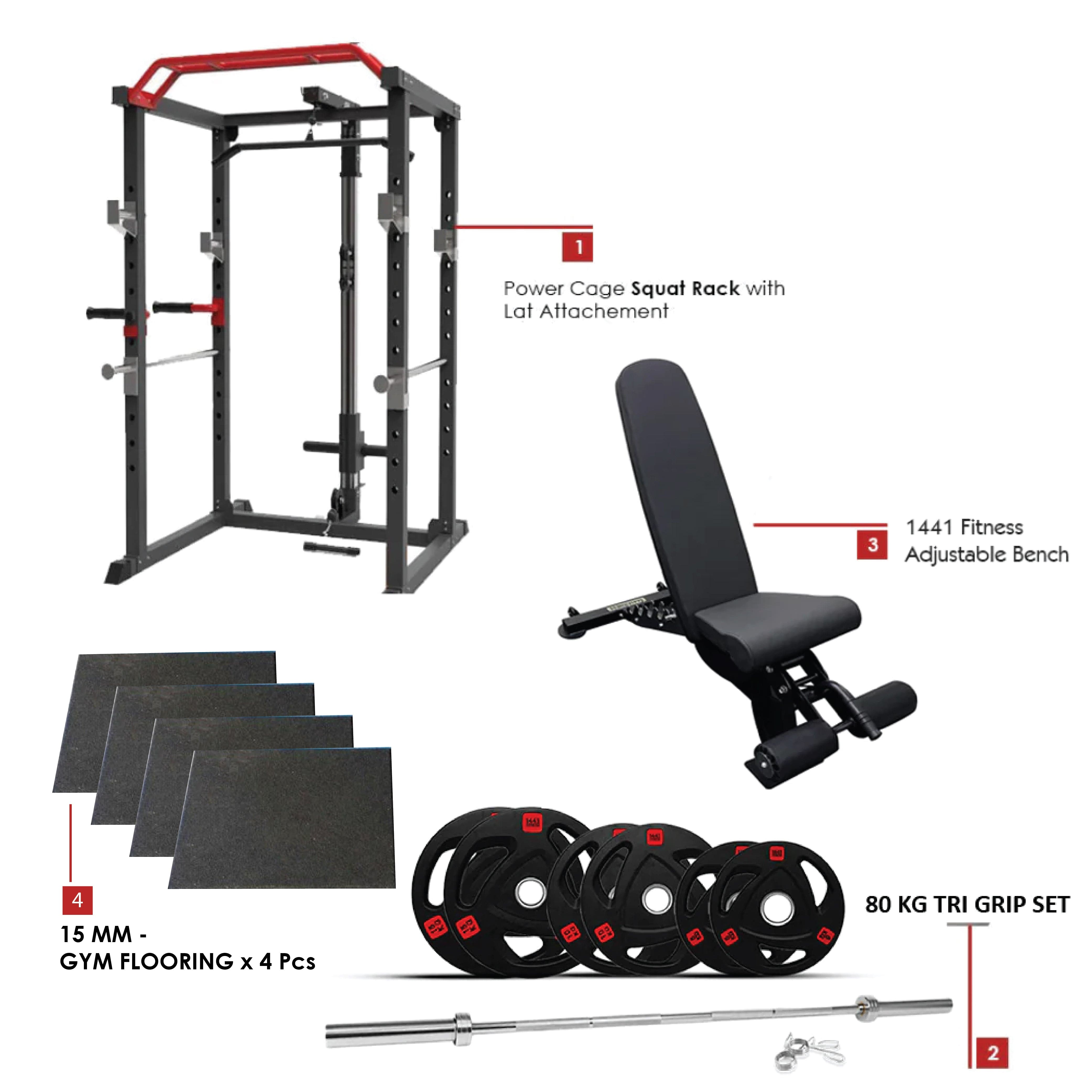 Combo Offer | Power Cage Squat Rack J008 +7 Ft Bar With Tri Grip 80 KG Set + Adjustable Bench A8007 + 4 X 15 Mm Flooring - Athletix.ae