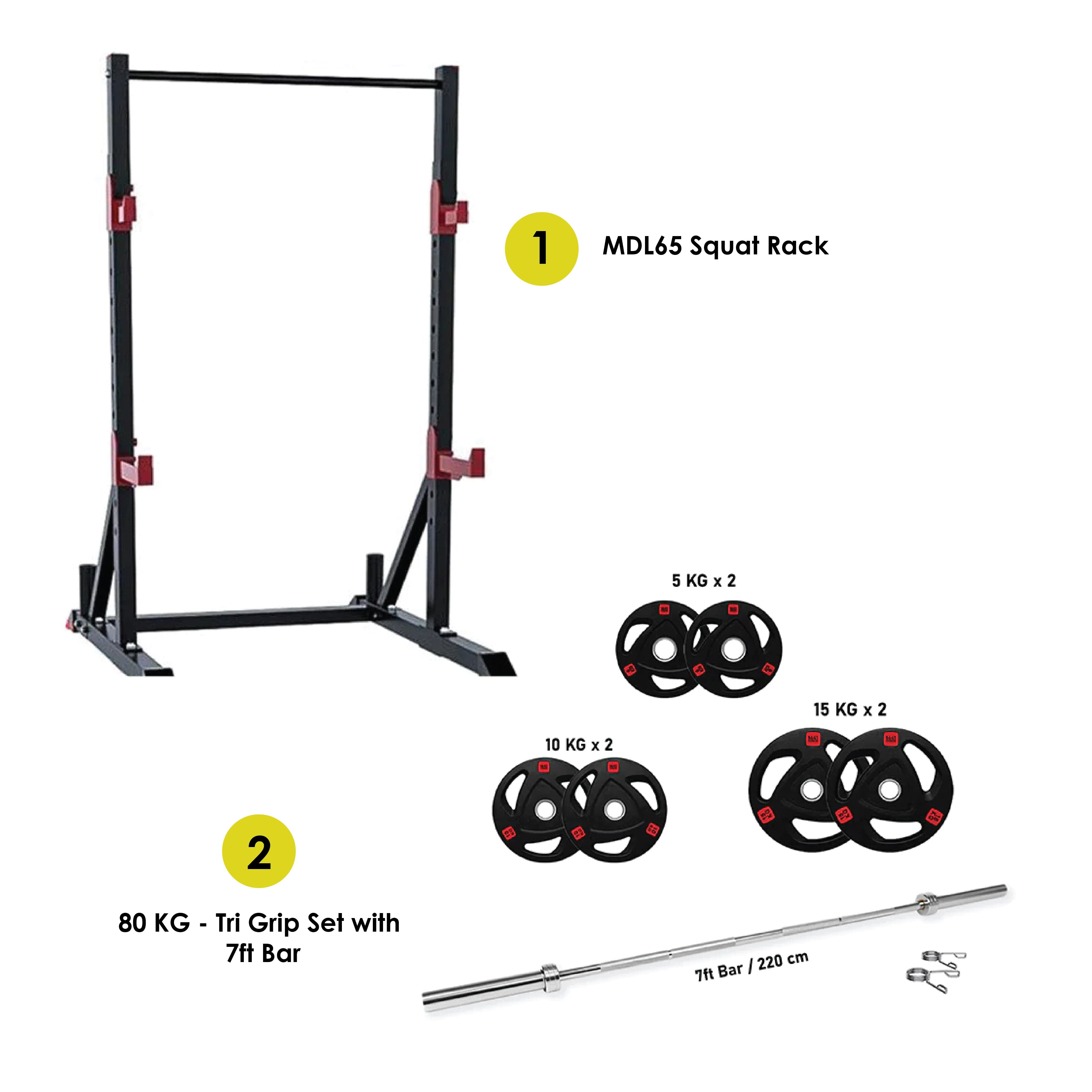 Combo | 1441 Fitness Squat Rack MDL65 With 7 Ft Bar With 80 Kg Tri Grip Plates Set - Athletix.ae