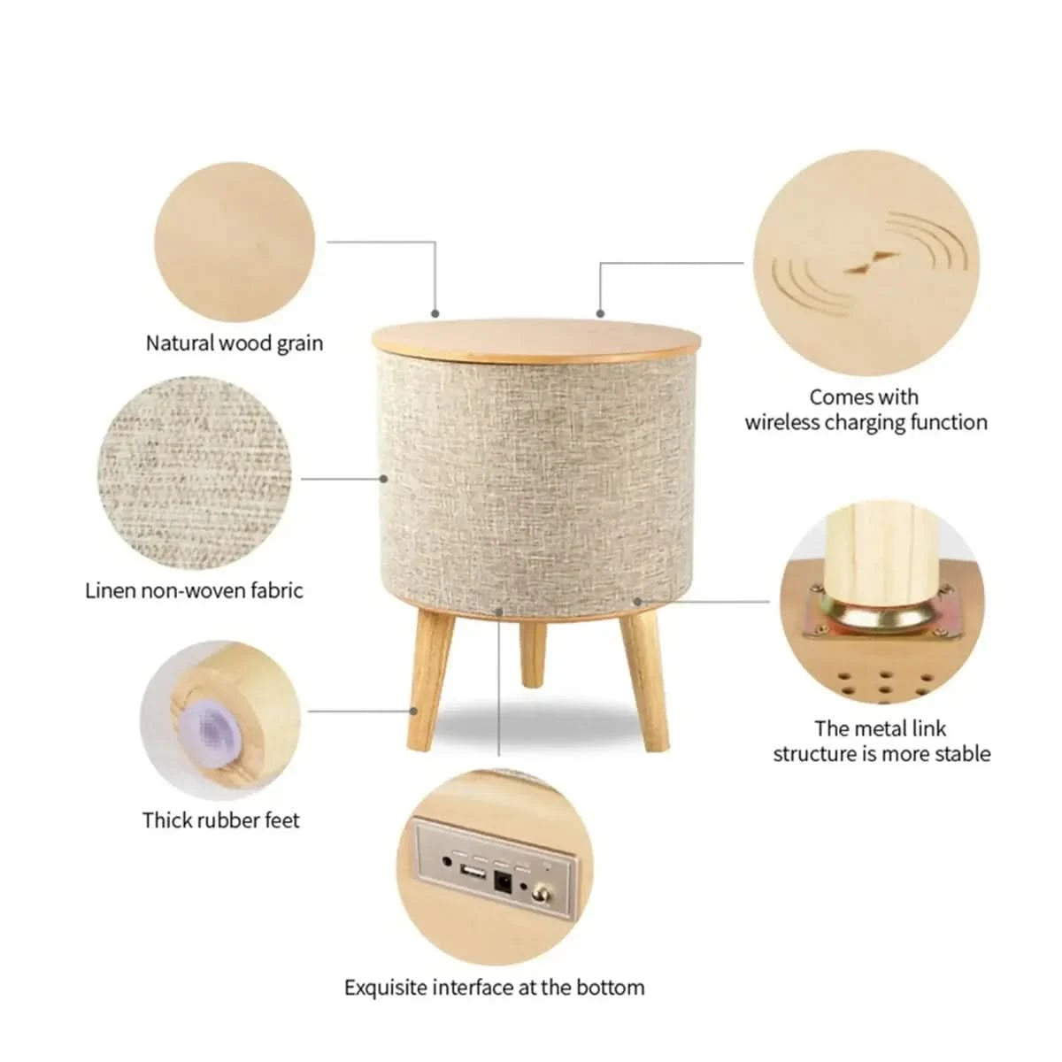 Nourest 3-in-1 Wireless Charging Side Table with Portable Bluetooth Speaker Table