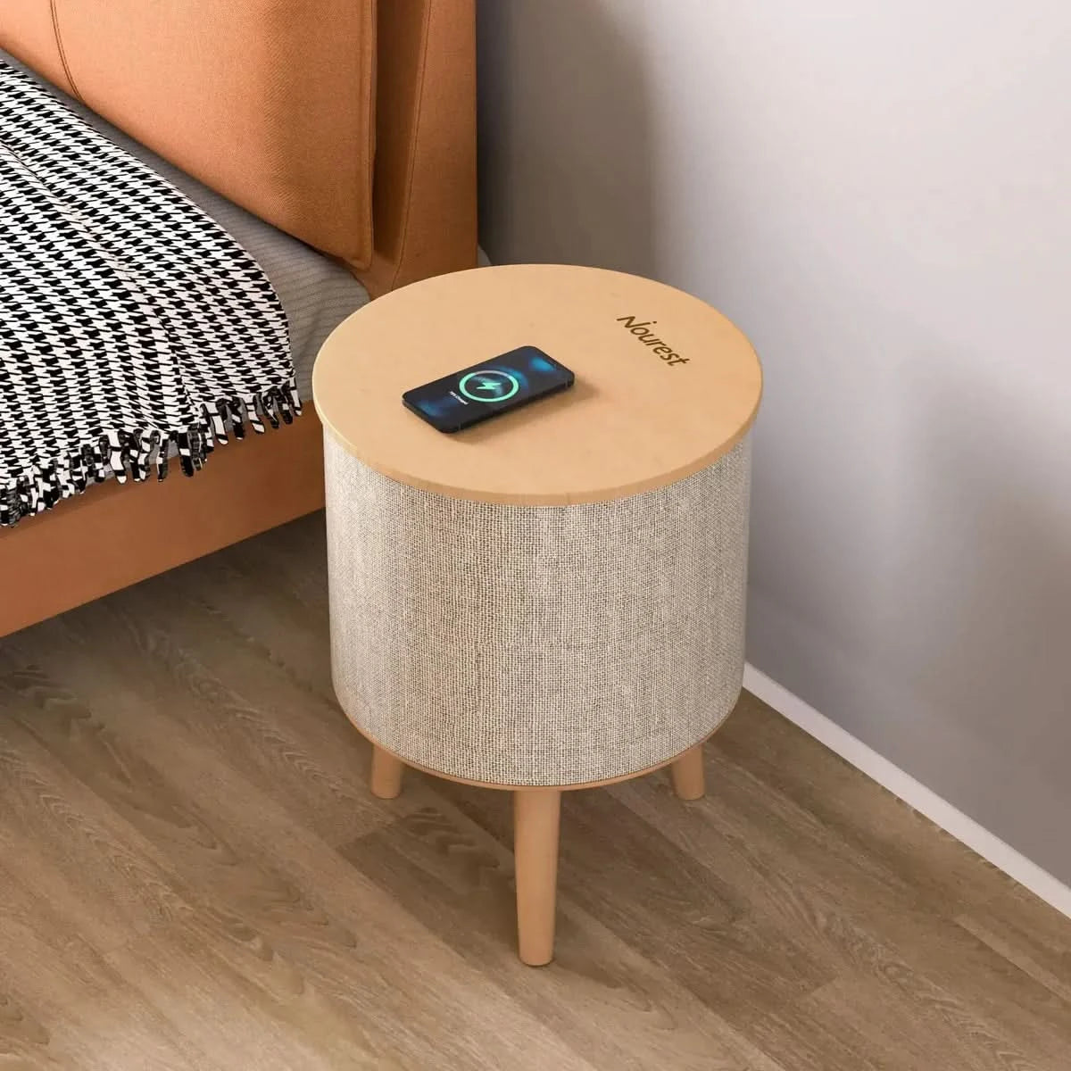 Nourest 3-in-1 Wireless Charging Side Table with Portable Bluetooth Speaker Table Oak
