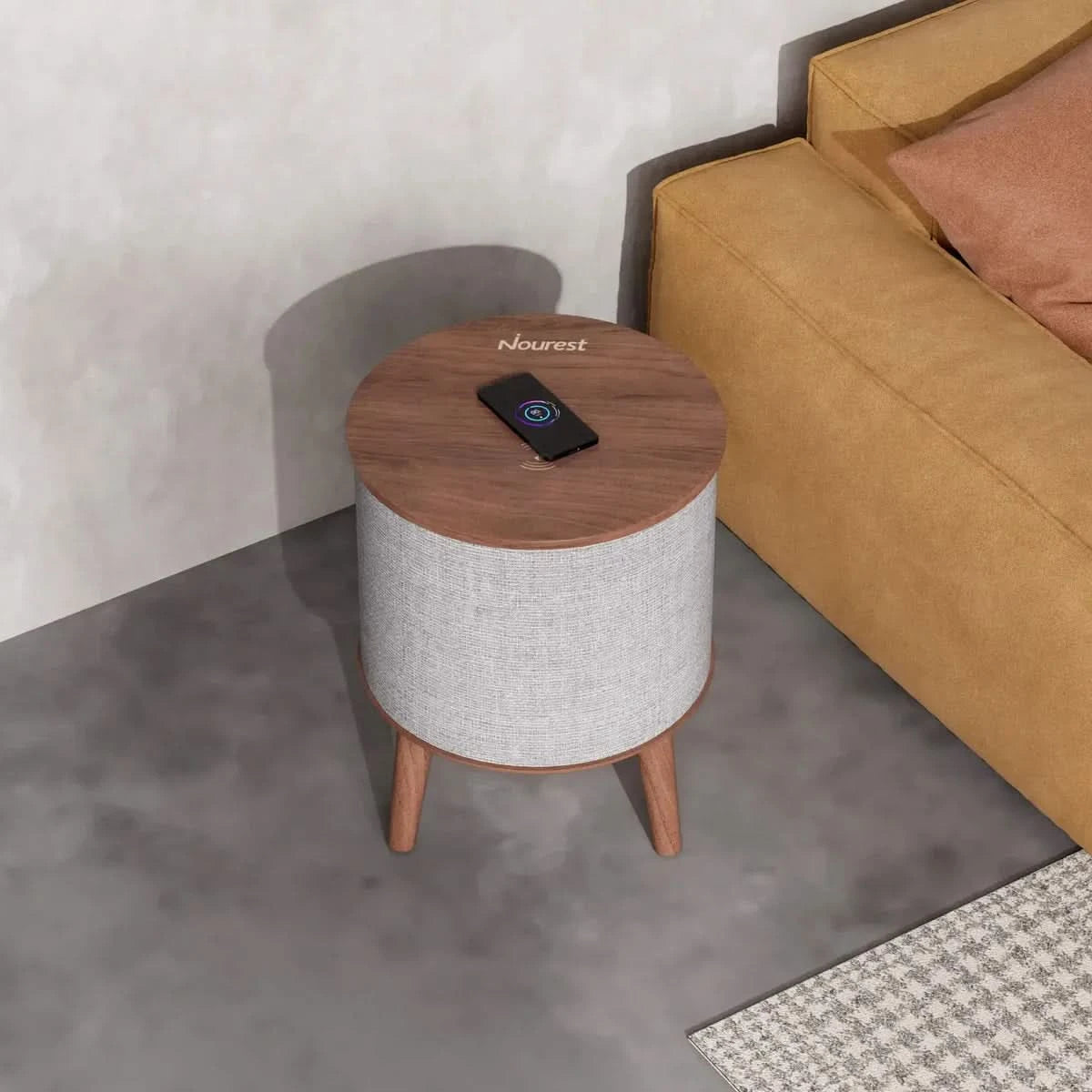 Nourest 3-in-1 Wireless Charging Side Table with Portable Bluetooth Speaker Table Walnut