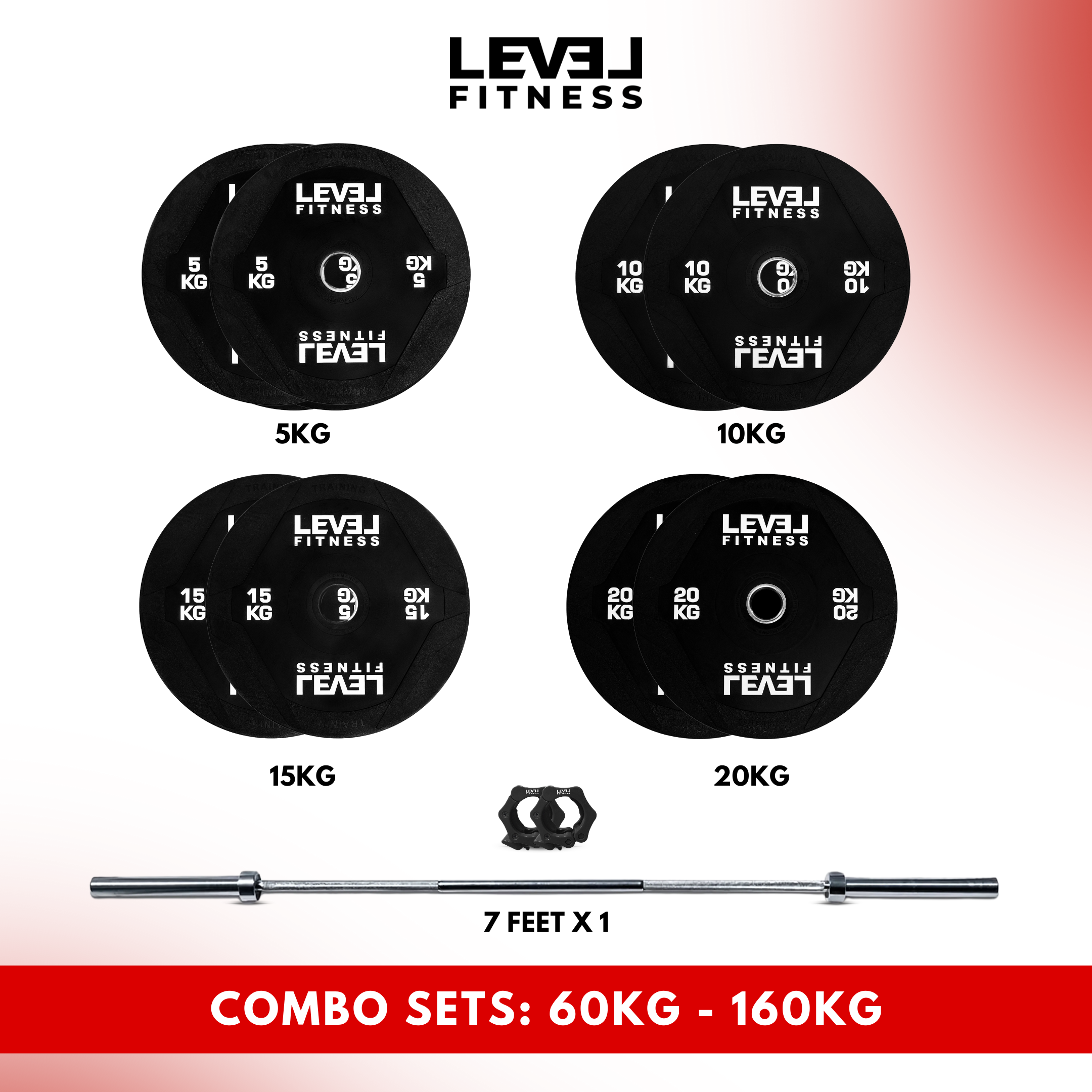 Combo 60Kg - 160Kg Sets | Level Fitness PU Black Olympic Plates Sets with 7 ft Olympic Barbell