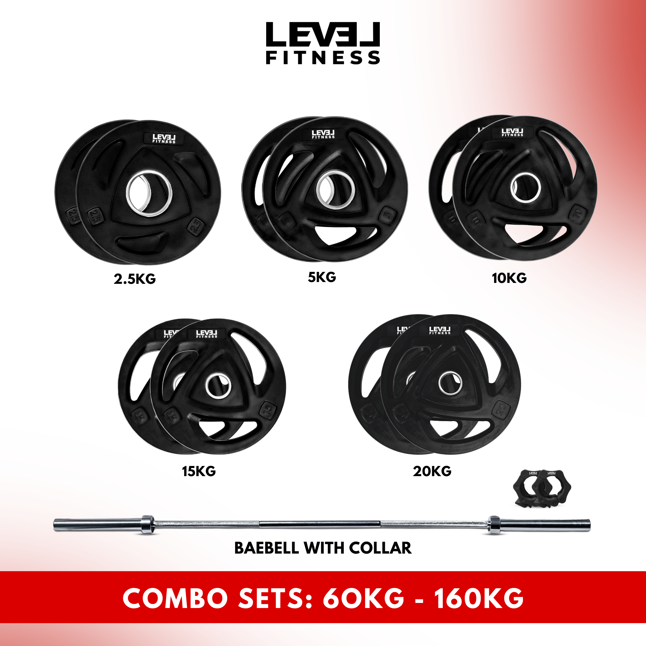 Combo 60KG - 160KG Sets | Level Fitness Tri Grip Olympic Plates with Olympic Barbell