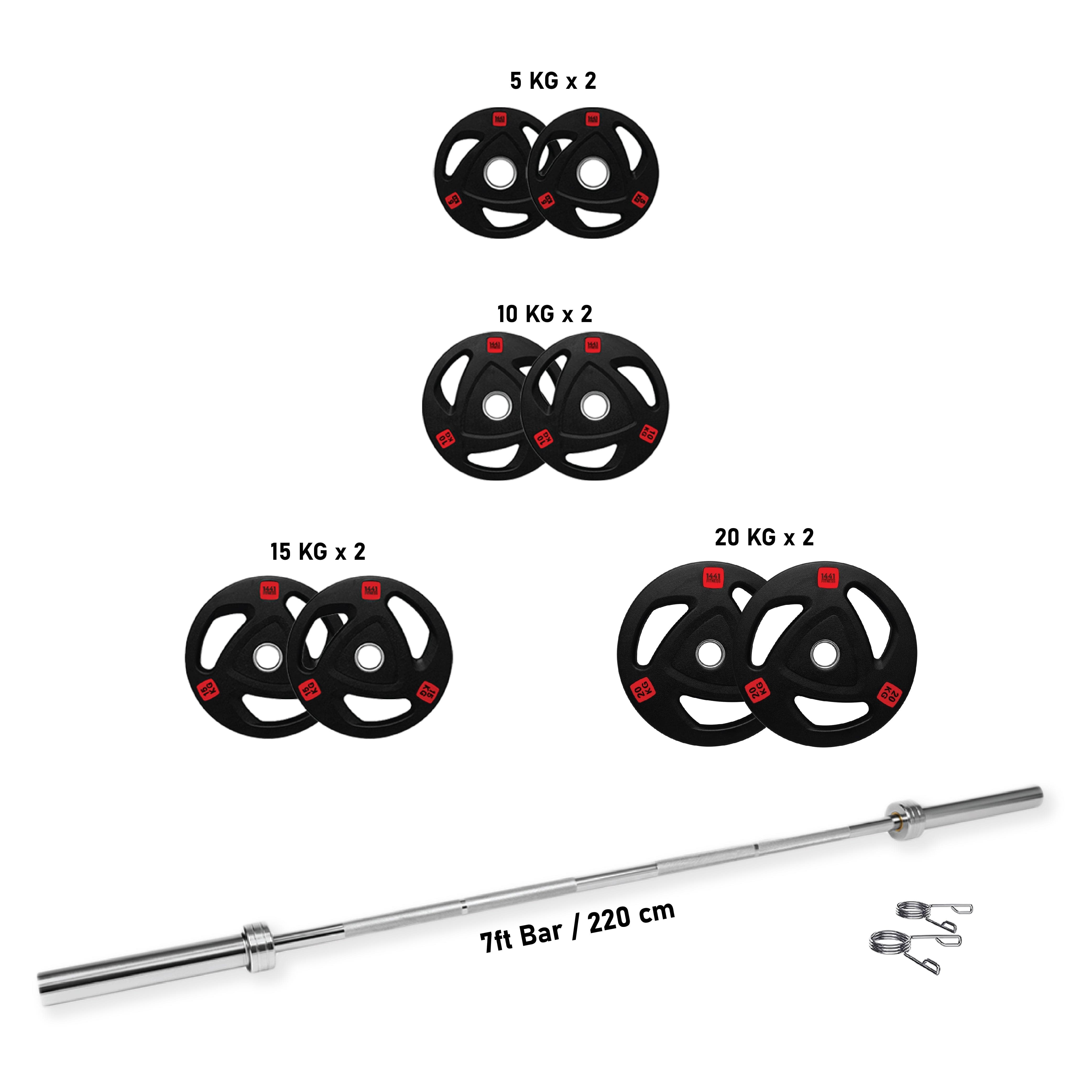 Combo 1441 Fitness 7 Ft Olympic Barbell with Black Olympic Plates Set | 120 kg - Athletix.ae