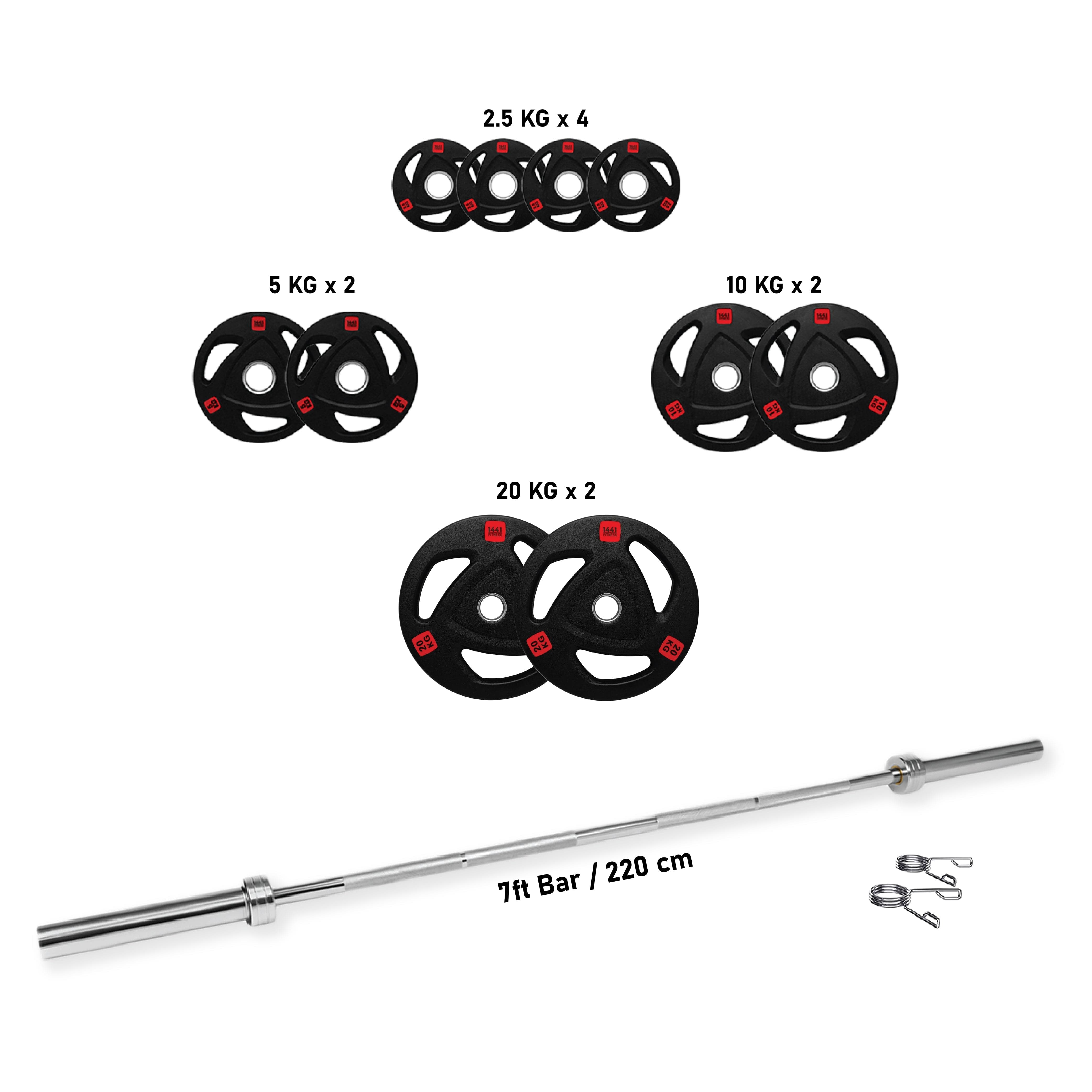 Combo 1441 Fitness 7 Ft Olympic Bar With Tri Grip Black Olympic Plates Set | 100 Kg - Athletix.ae