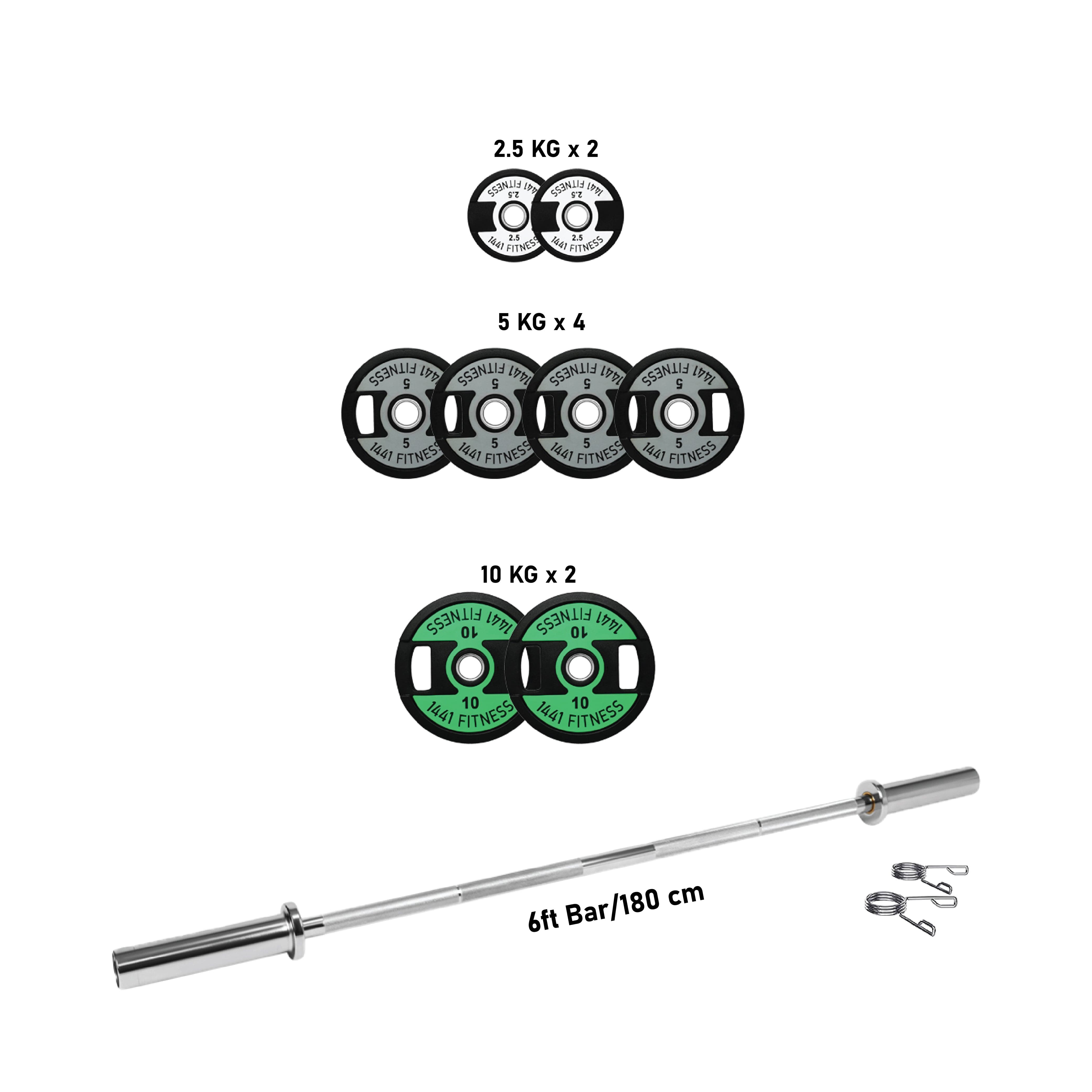 Combo | 1441 Fitness 6 Ft Olympic Barbell With Dual Grip Olympic Plates Set | 60 Kg Set - Athletix.ae