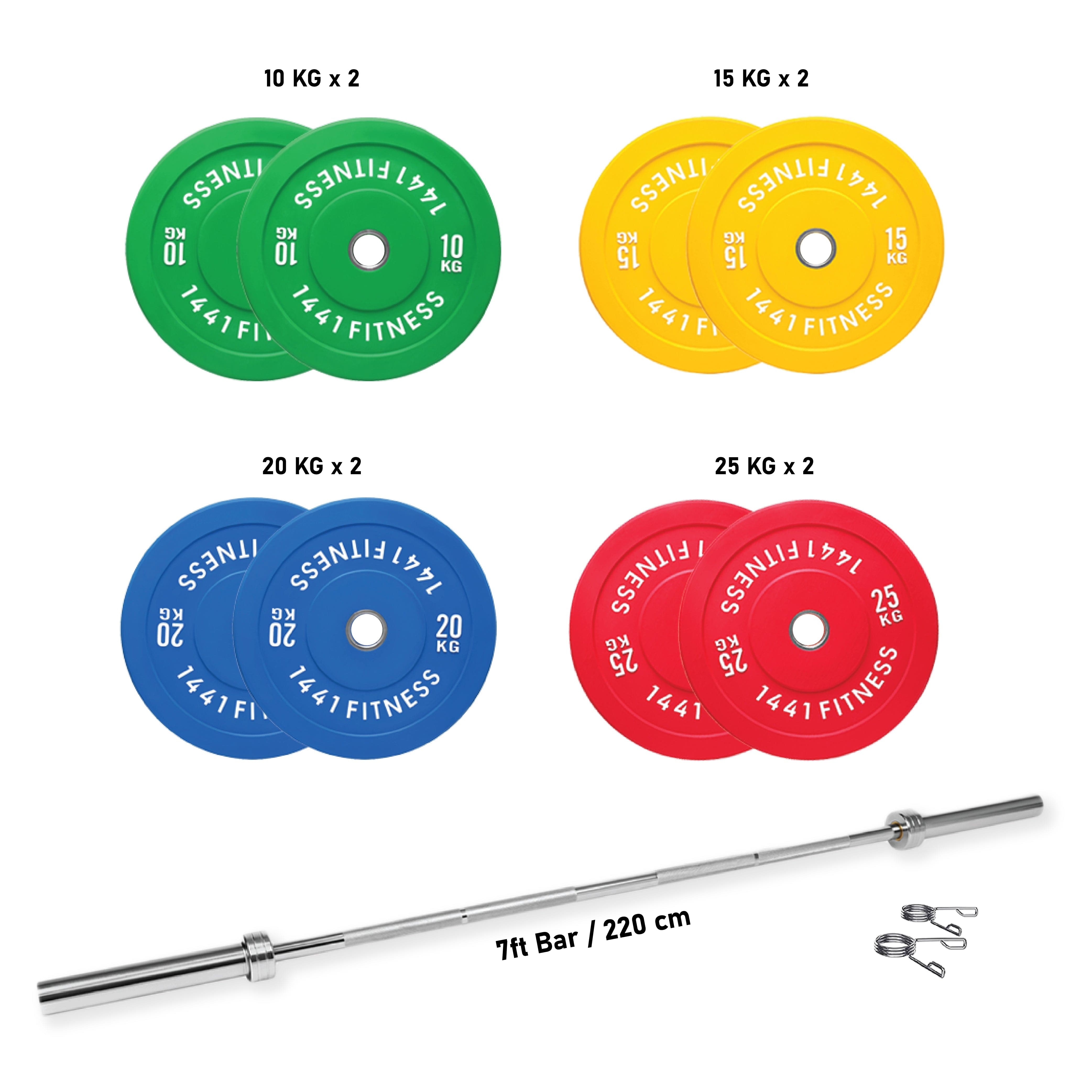 Combo 7 Ft Olympic Barbell And Color Bumper Plate Set - 160 KG | 1441 Fitness - Athletix.ae