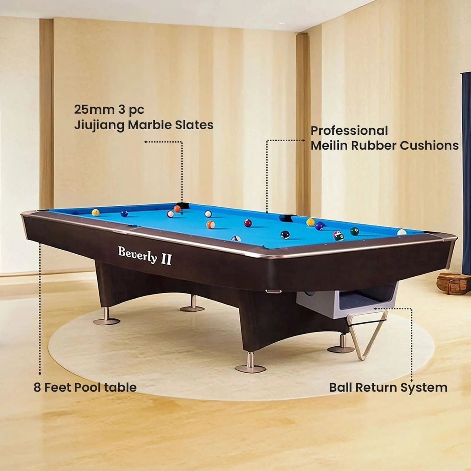 Beverly II 8ft 4th Generation Billiard Table, Brown Frame