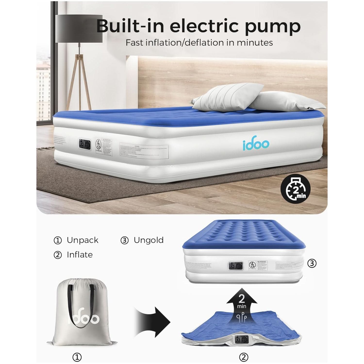 iDOO Inflatable Mattress with Inflation and Deflation Pump in Just 3 Minutes, for Home, Travel and Camping
