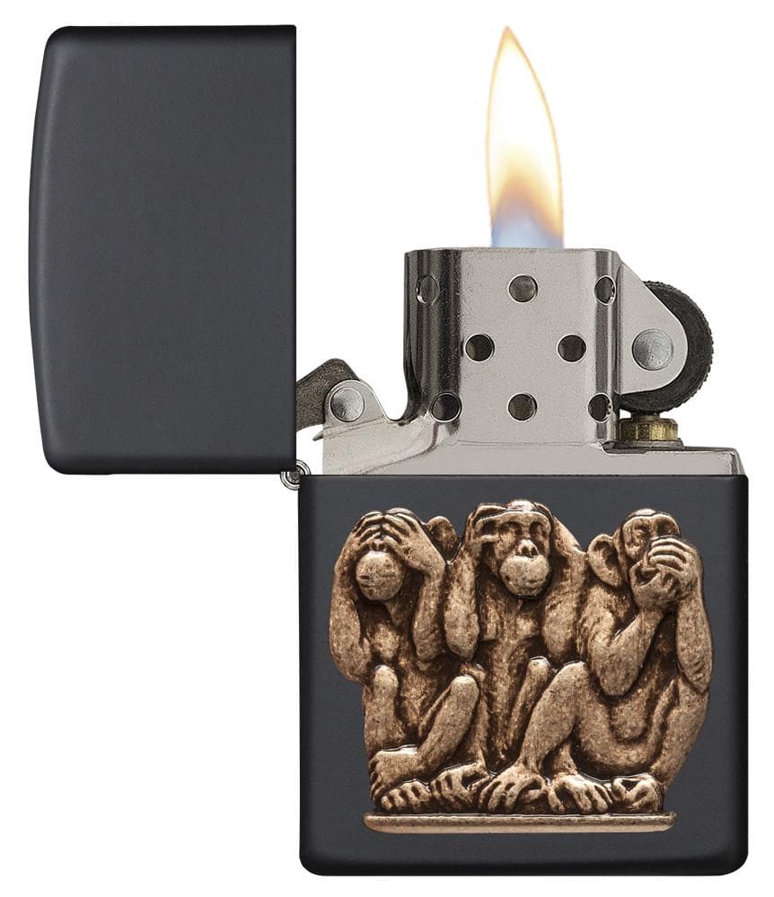 Zippo 29409 218 Zippo Three Monkeys Emblem Black Matte Windproof Lighter, Classic Model, Black - OUTBACK