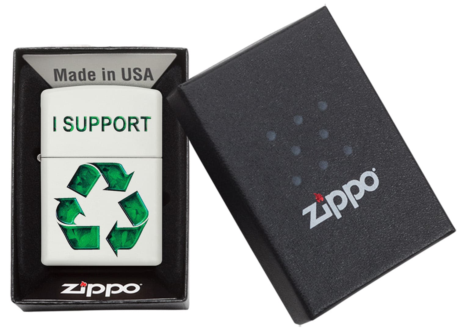 Zippo CI412230 214 I Support Recycling White Matte Windproof Lighter, Middle East Model, White - OUTBACK