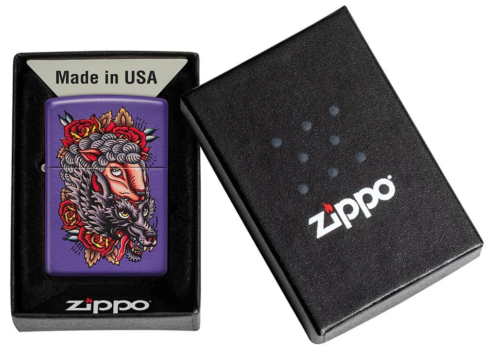 Zippo 49413 237 Wolf in Sheep's Clothing Design Purple Matte Windproof Lighter, Classic Model, Purple - OUTBACK