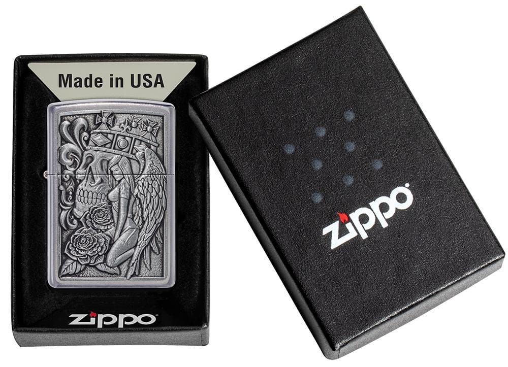 Zippo 49442-087183 207 Skull and Angel Emblem Design Street Chrome Windproof Lighter, Classic Model, Silver - OUTBACK