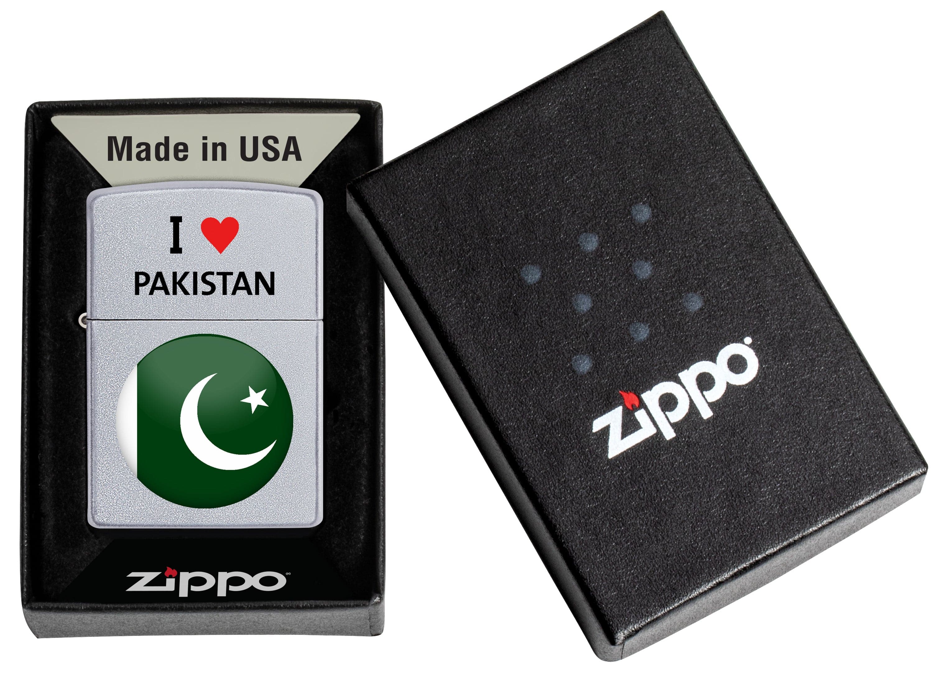 Zippo CI412703 205 I Love Pakistan Design Satin Chrome Windproof Lighter, Middle East Model, Silver - OUTBACK