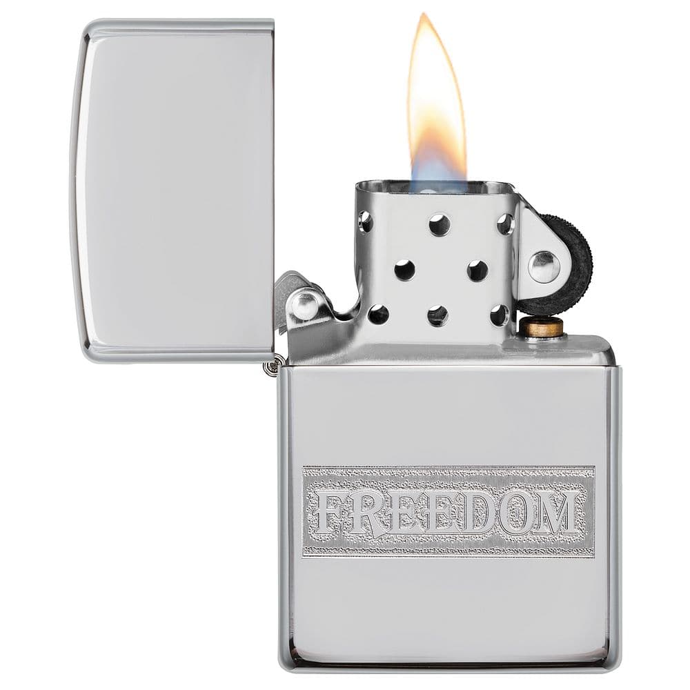 Zippo 49129 Etched Freedom Design High Polish Chrome Windproof Lighter, Classic Model, Silver - OUTBACK