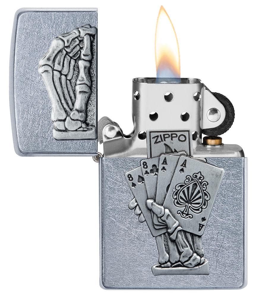 Zippo 49536 207 Dead Mans Hand Emblem Design Street Chrome Windproof Lighter, Classic Model, Silver - OUTBACK